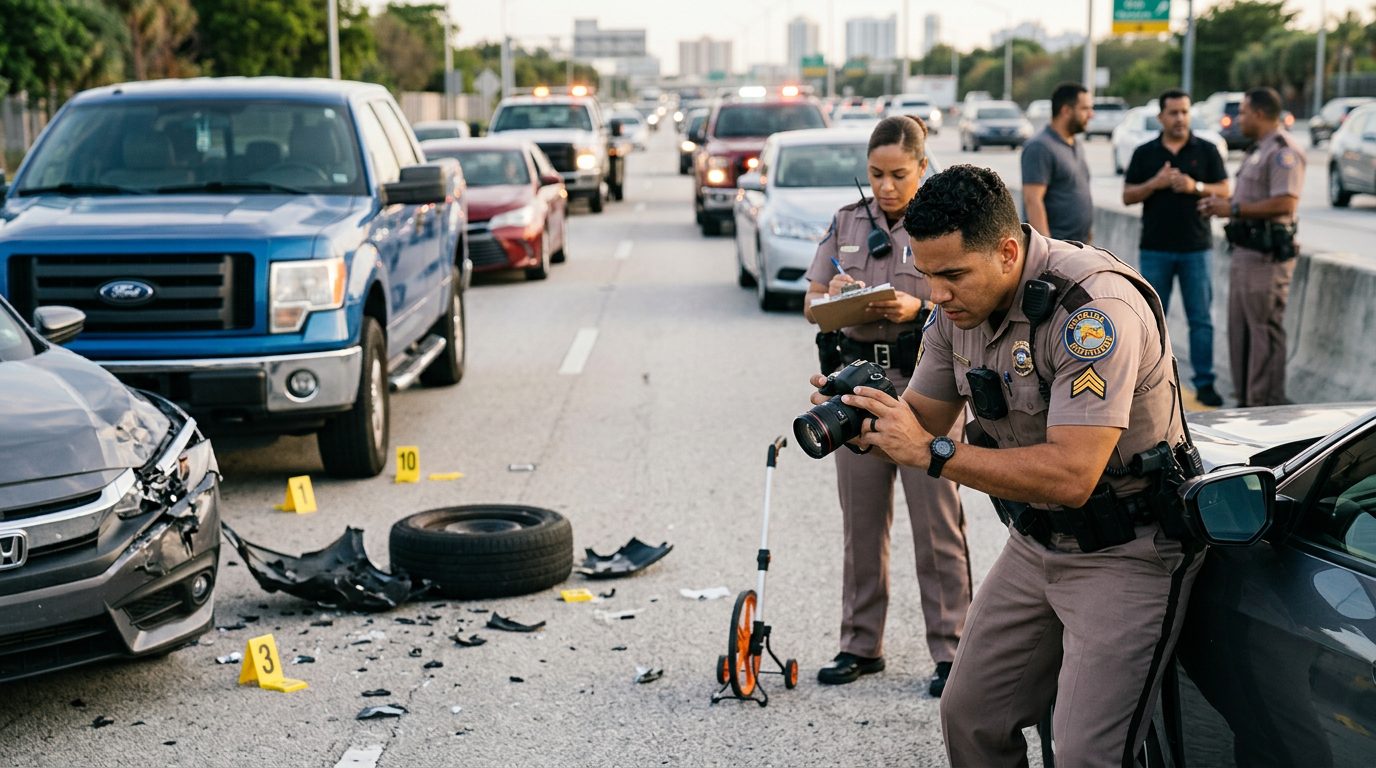 Oficial de policía documentando daños vehiculares en escena de colisión grave en carretera.