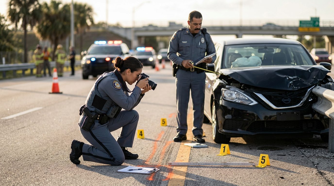 Oficial de policía documentando daños vehiculares en escena de accidente grave en carretera.