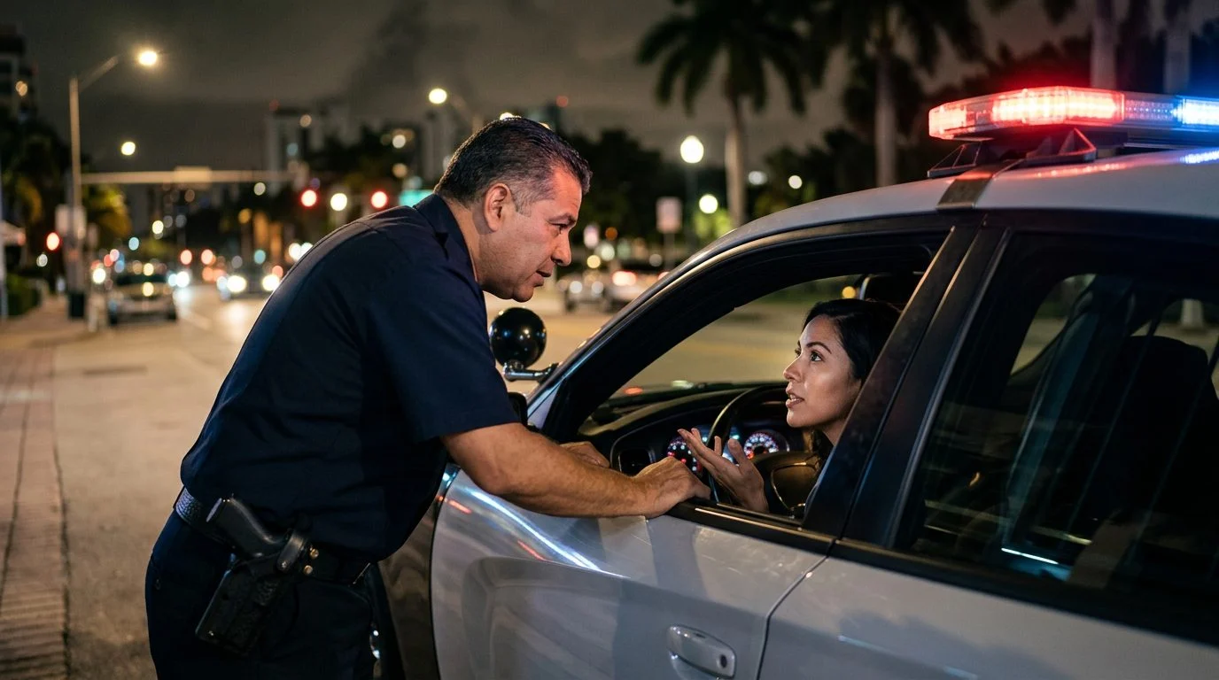 Oficial de policía hablando con conductor durante control nocturno de tráfico.