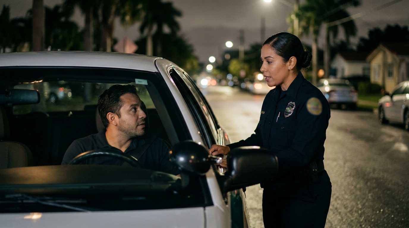 Oficial de policía hablando con conductor durante control nocturno de tráfico.