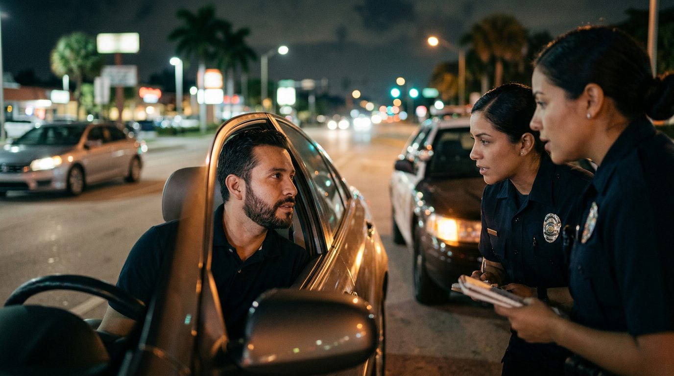 Oficial de policía hablando con conductor durante parada de tráfico nocturna.