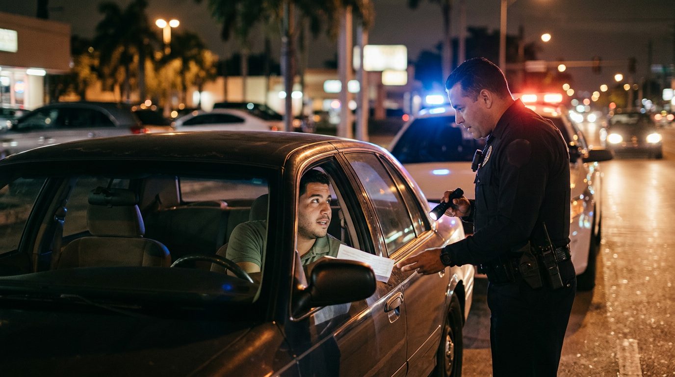 Oficial de policía hablando con conductor durante parada nocturna en Miami-Dade.