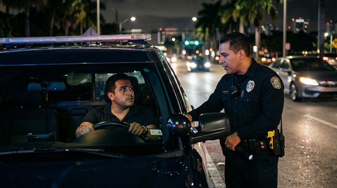 Oficial de policía hablando con conductor durante parada nocturna en carretera.