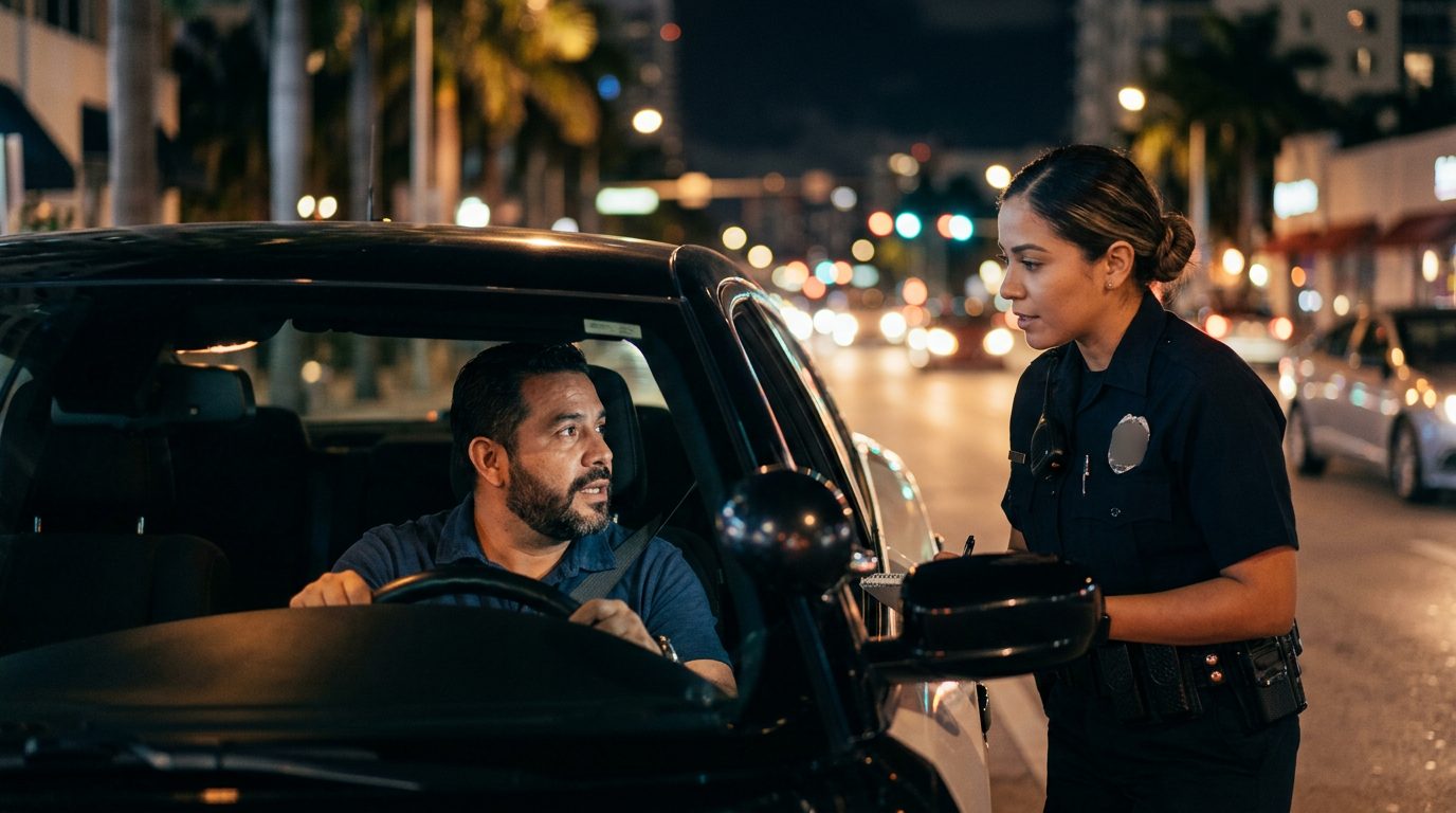 Oficial de policía hablando con conductor durante parada nocturna de tráfico.