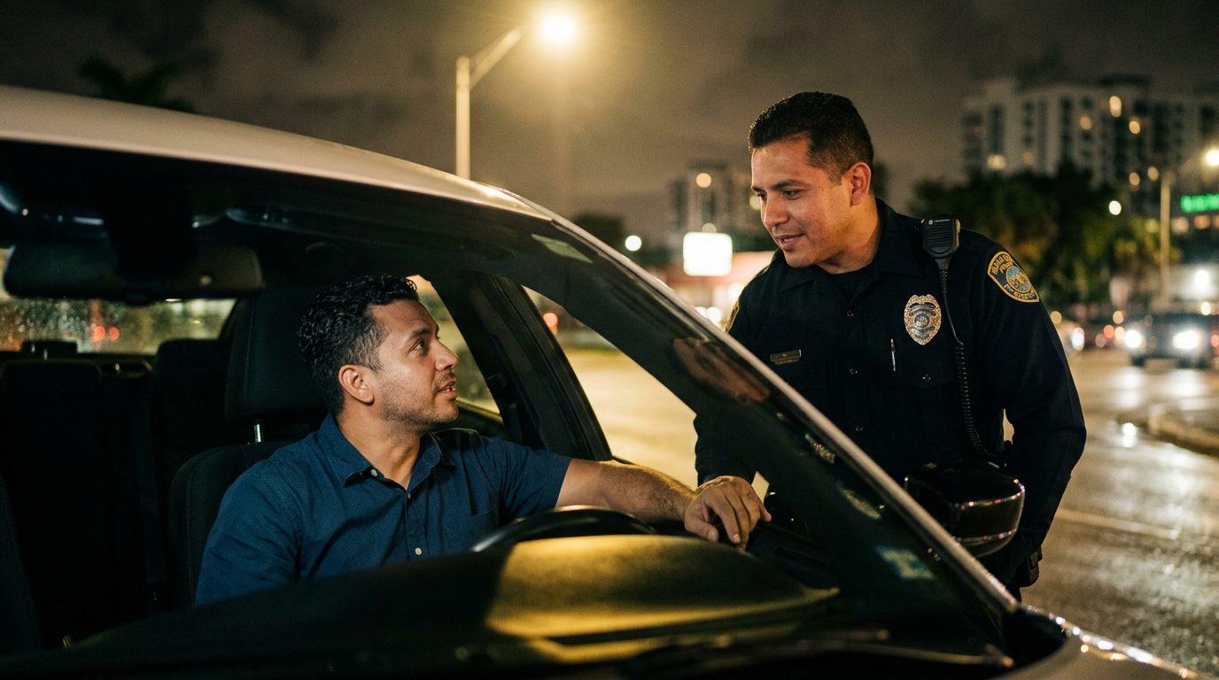 Oficial de policía hablando con conductor durante parada nocturna de tráfico.