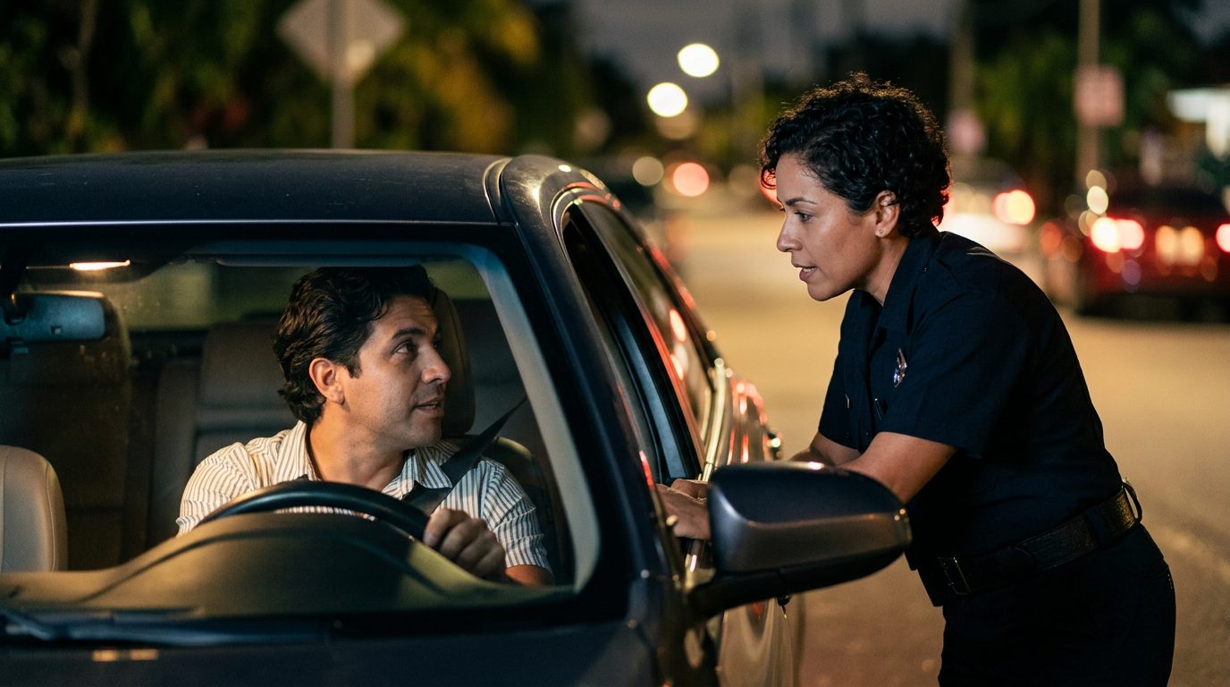 Oficial de policía hablando con conductor durante parada nocturna de tráfico.