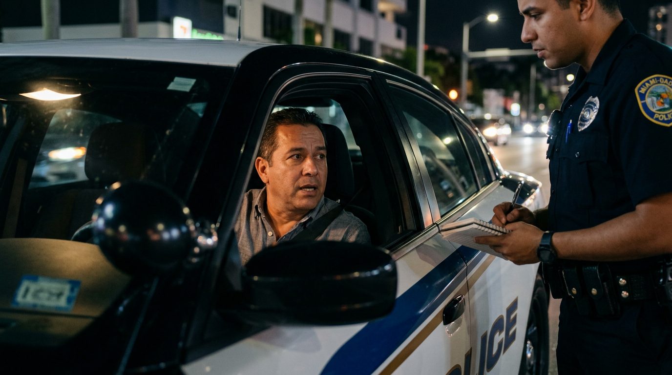 Oficial de policía hablando con conductor durante parada nocturna de tráfico.