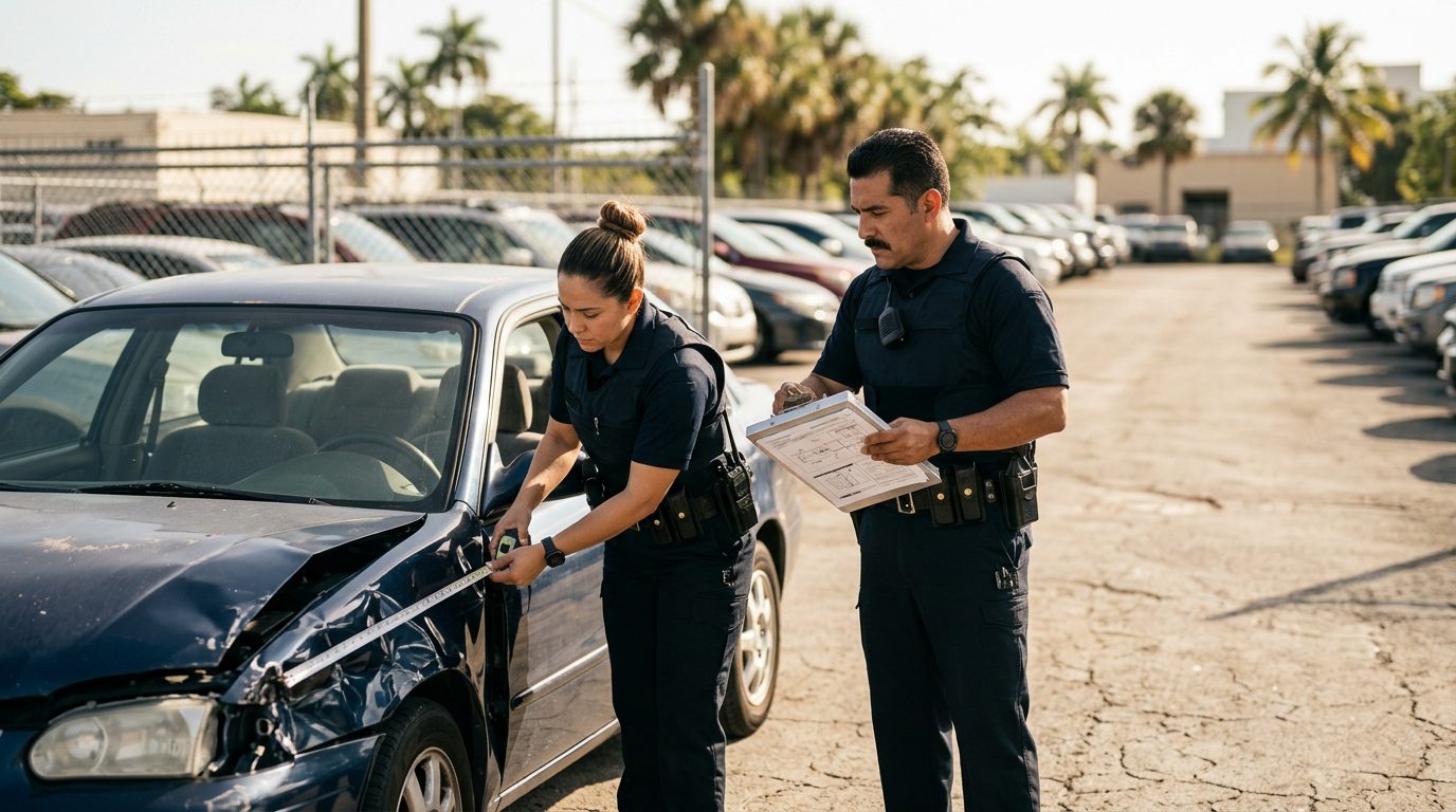 Oficial de policía inspeccionando vehículo dañado en depósito con herramientas de medición y documentación.