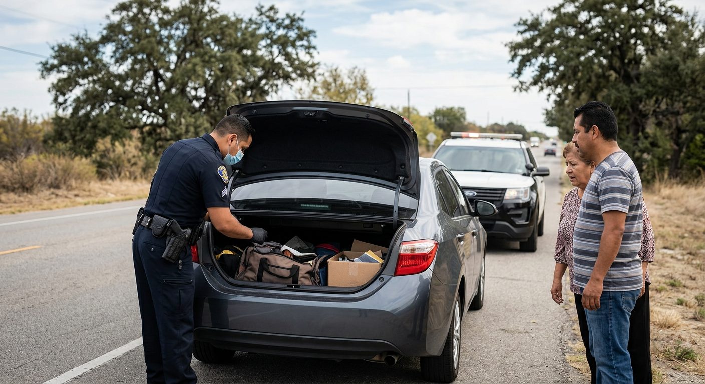 Oficial de policía realizando búsqueda vehicular en carretera con patrulla y maletero abierto.