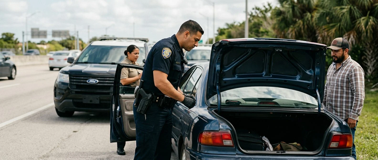 Oficial de policía realizando búsqueda vehicular en carretera con patrulla y maletero abierto.
