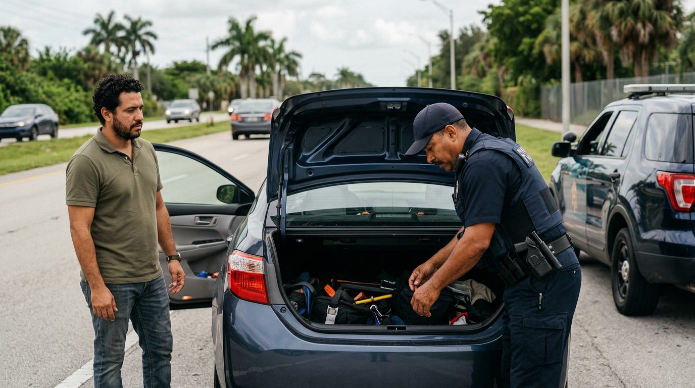 Oficial de policía realizando búsqueda vehicular en carretera con patrulla y maletero abierto.