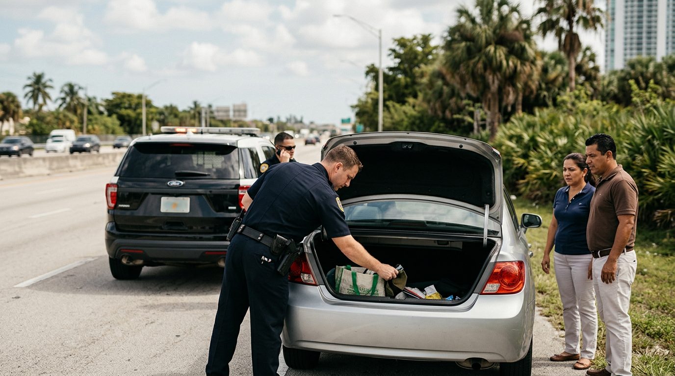 Oficial de policía realizando búsqueda vehicular en carretera con patrulla y maletero abierto.