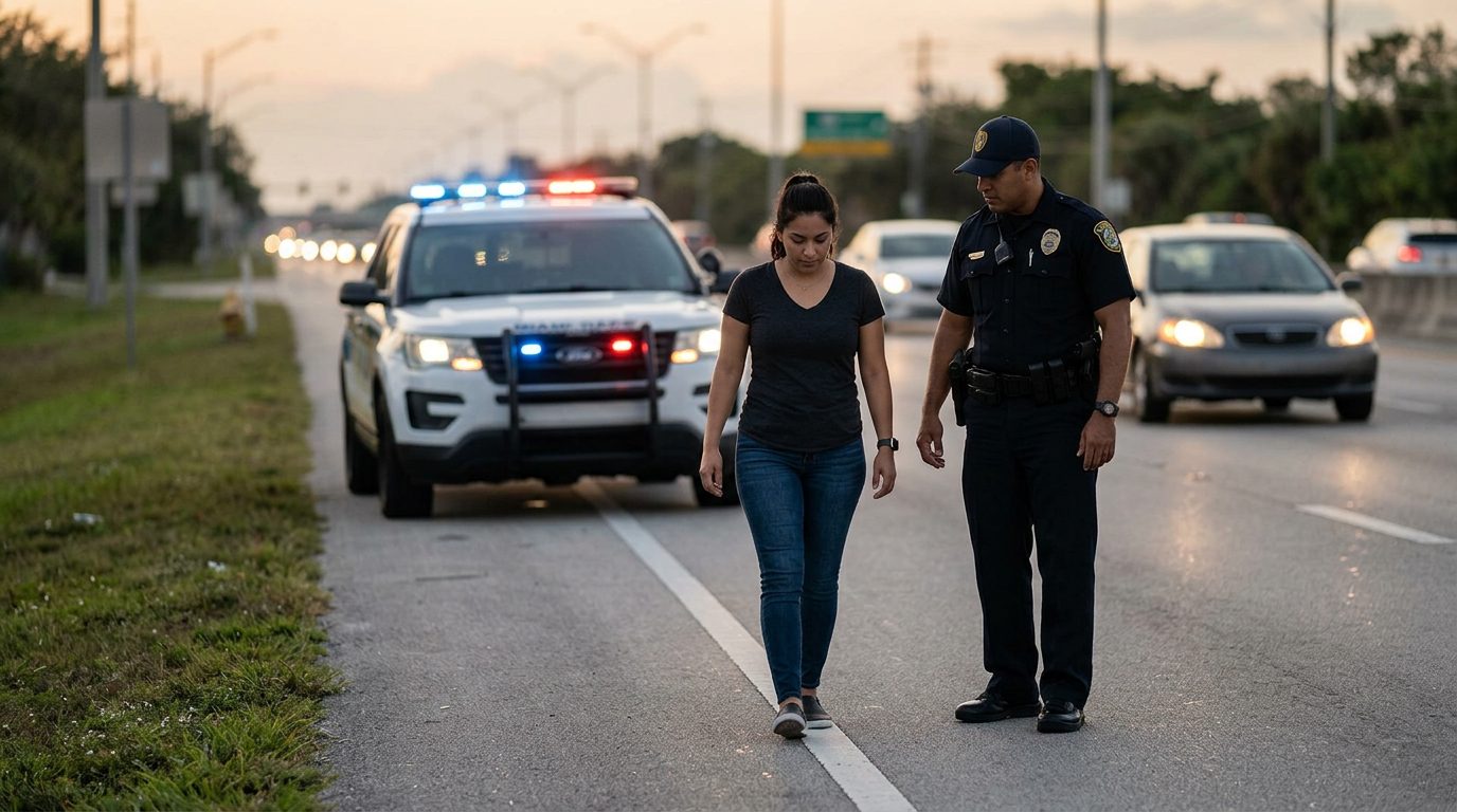 Oficial de policía realizando prueba de sobriedad en carretera con luces de patrulla de fondo.