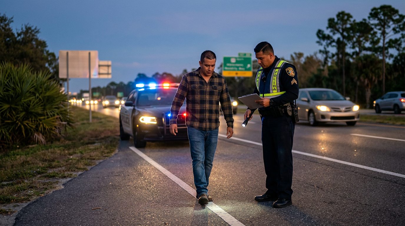 Oficial de policía realizando prueba de sobriedad en carretera durante la noche con luces de patrulla al fondo.