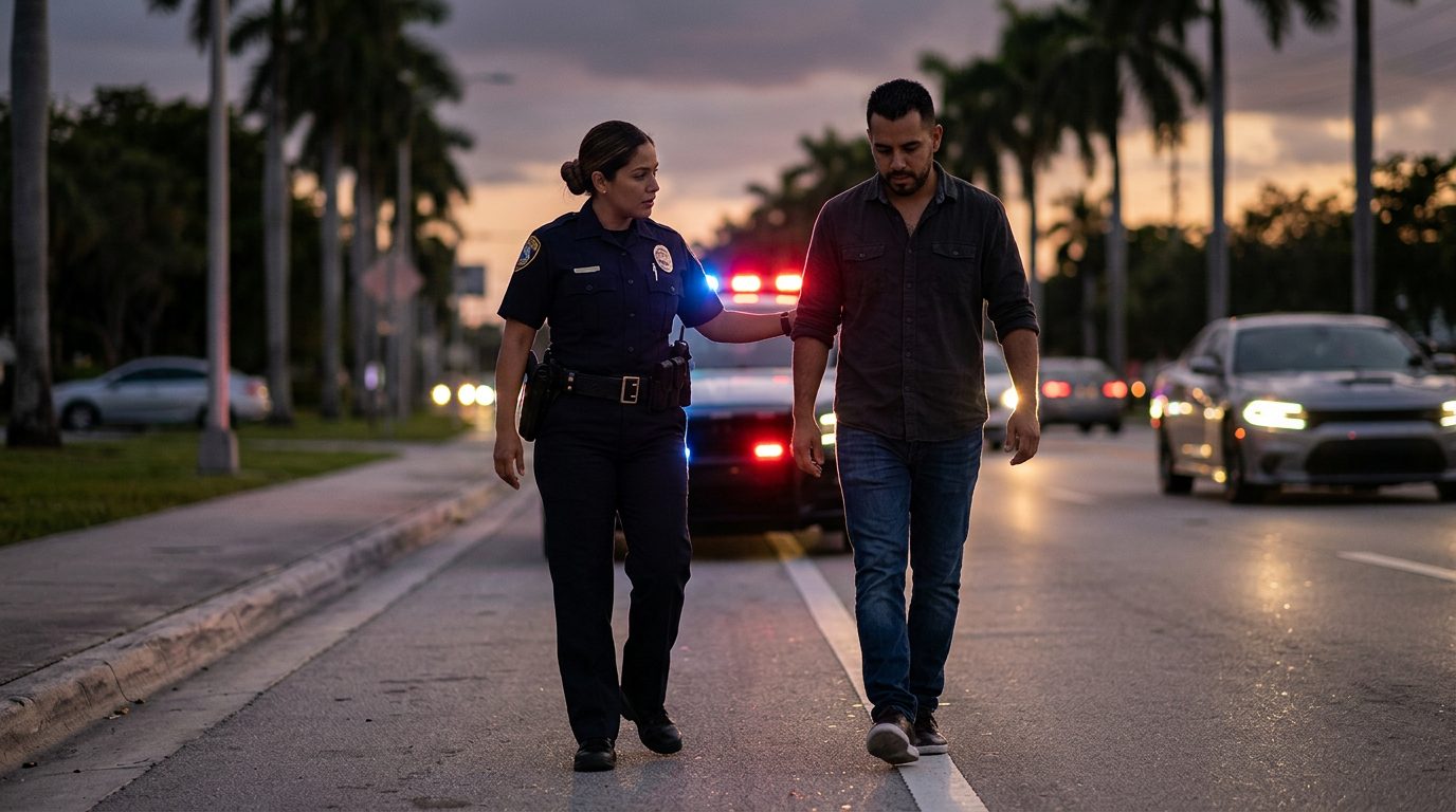 Oficial de policía realizando prueba de sobriedad en carretera durante la noche.