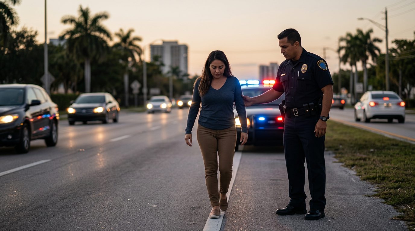 Oficial de policía realizando prueba de sobriedad en carretera con luces de patrulla de fondo.