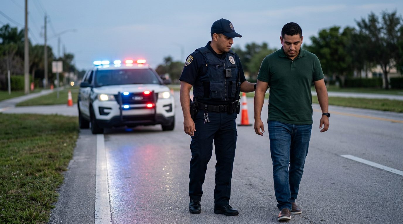 Oficial de policía realizando prueba de sobriedad en la carretera durante la noche con luces de patrulla de fondo.