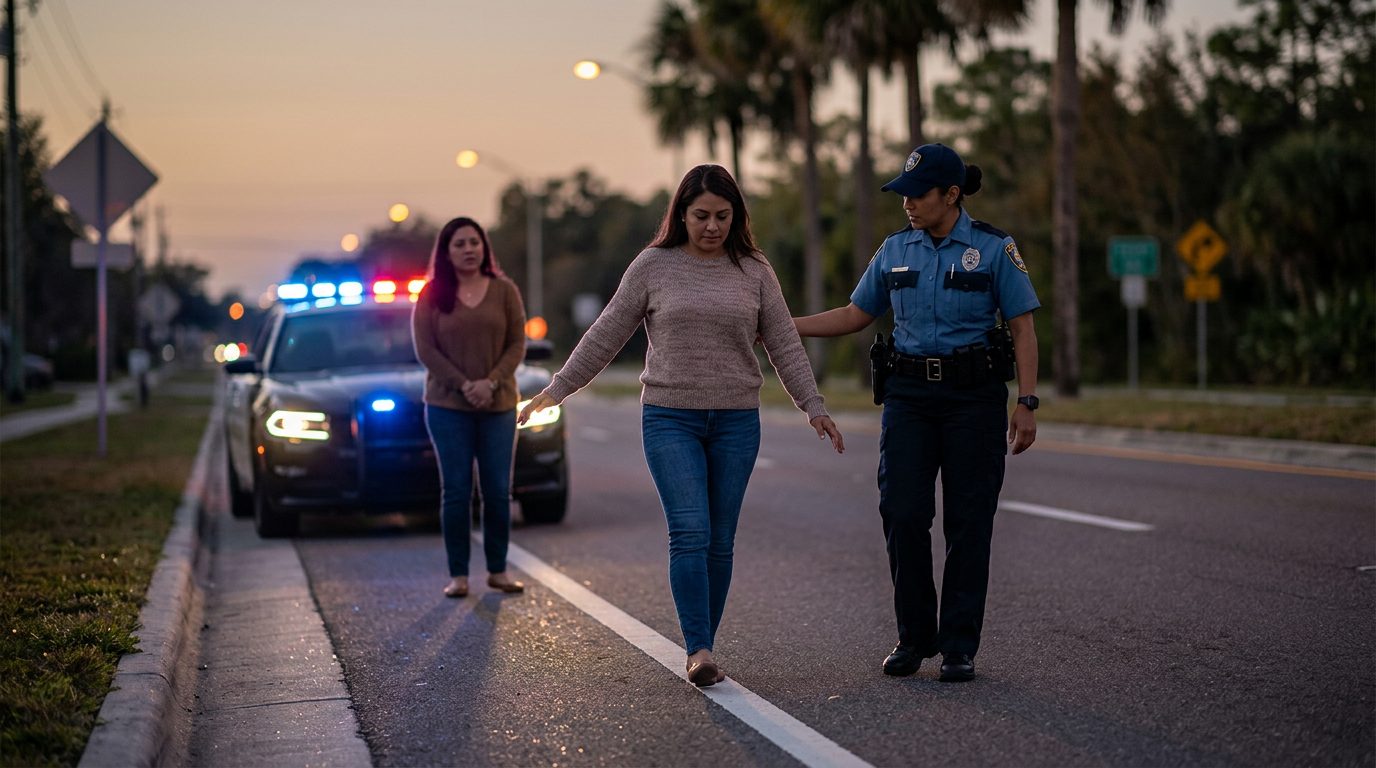 Oficial de policía realizando prueba de sobriedad en la carretera durante la noche con luces de patrulla de fondo.