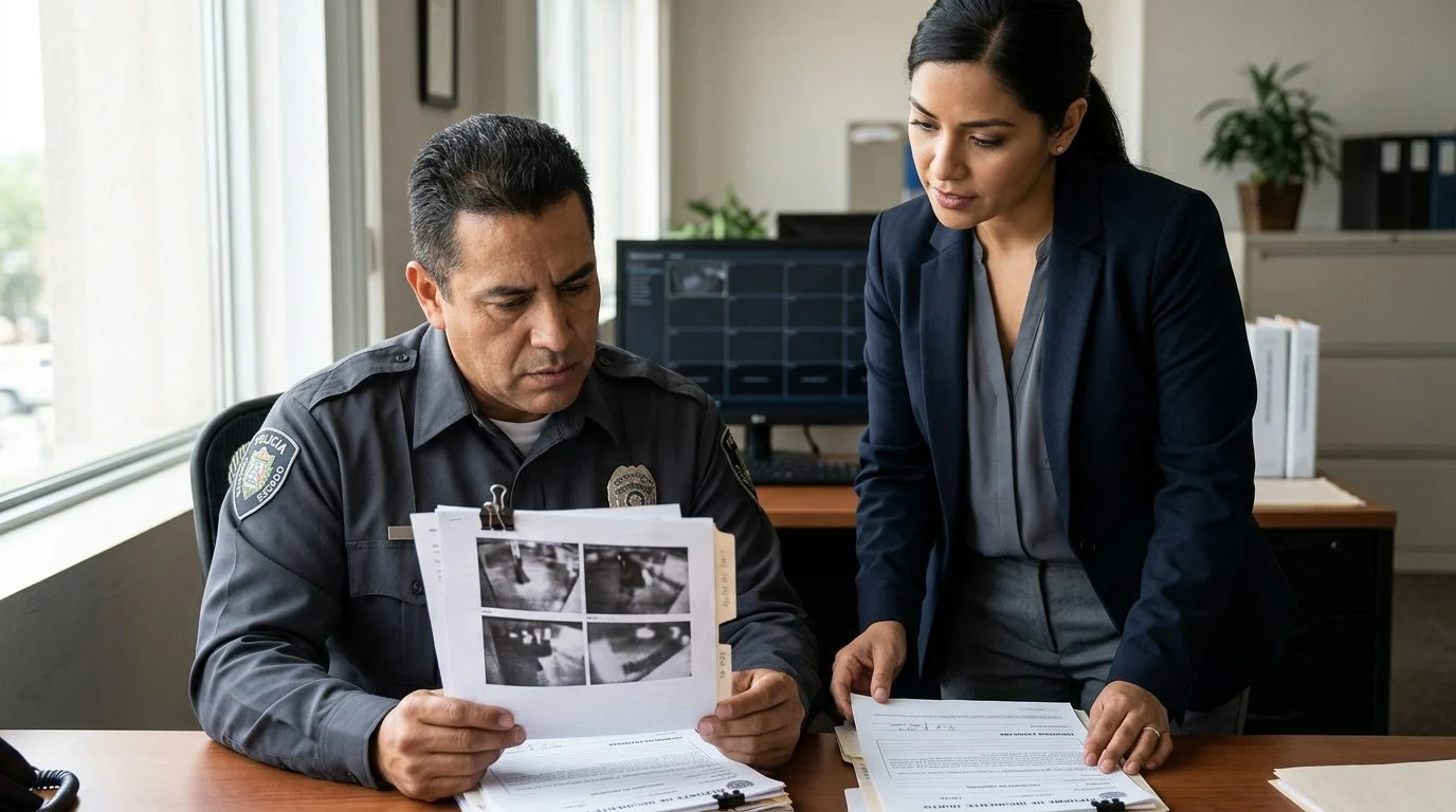 Oficial de seguridad revisa grabaciones y reportes de incidentes en oficina comercial.