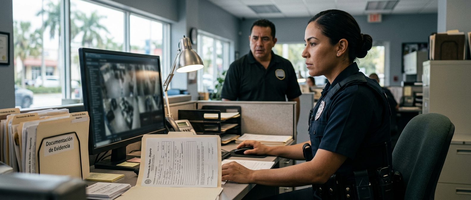 Oficial de seguridad revisando reportes de incidentes en oficina comercial.