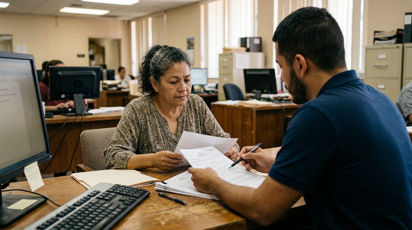 Oficina legal con documentos y abogado asesorando sobre antecedentes penales.
