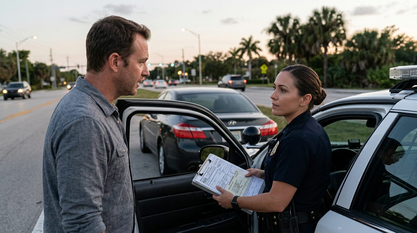 Patrick speaking with law enforcement officer during roadside traffic stop at dusk.