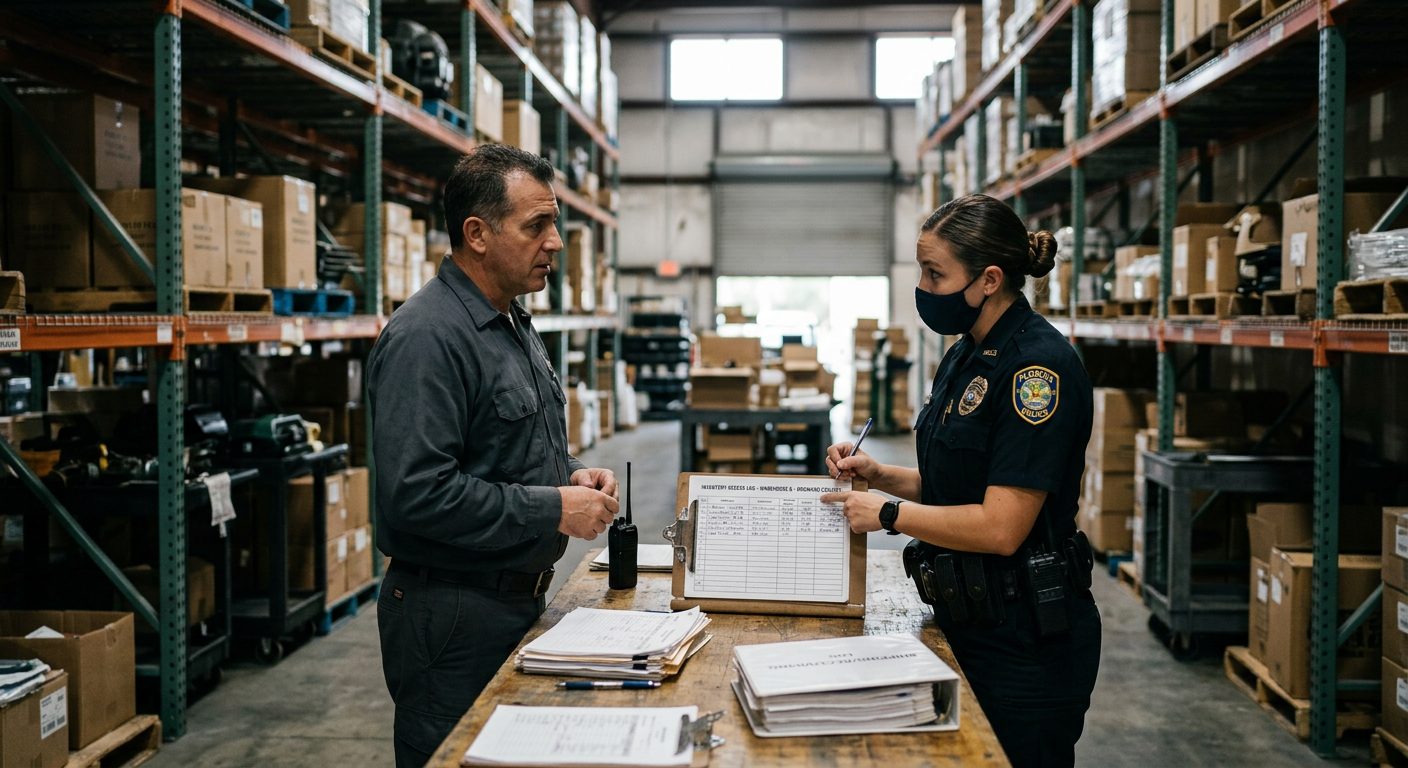 Person speaking with police officer in warehouse during theft investigation with inventory logs visible.