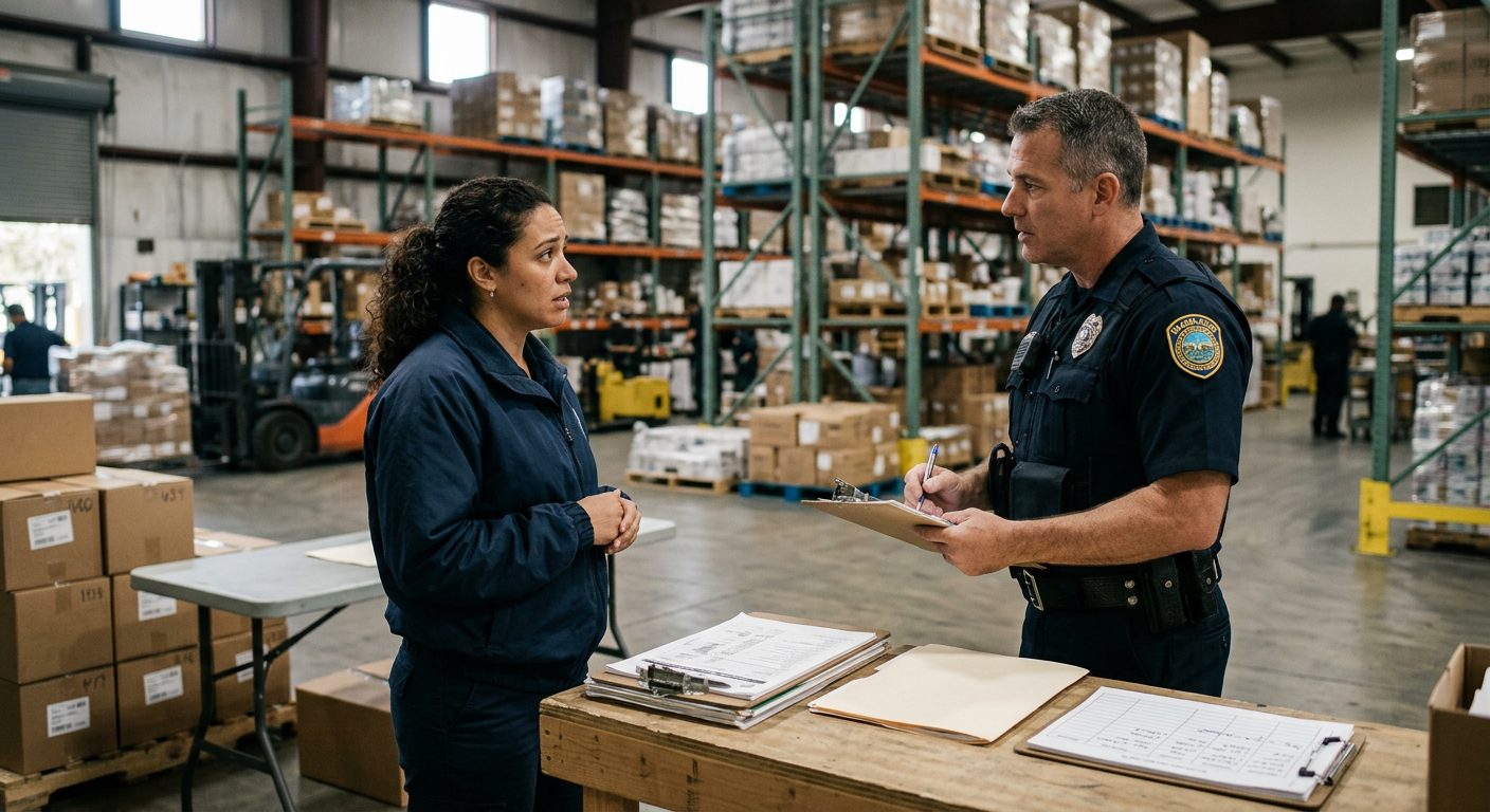Person speaking with police officer in warehouse during theft investigation with inventory logs visible.
