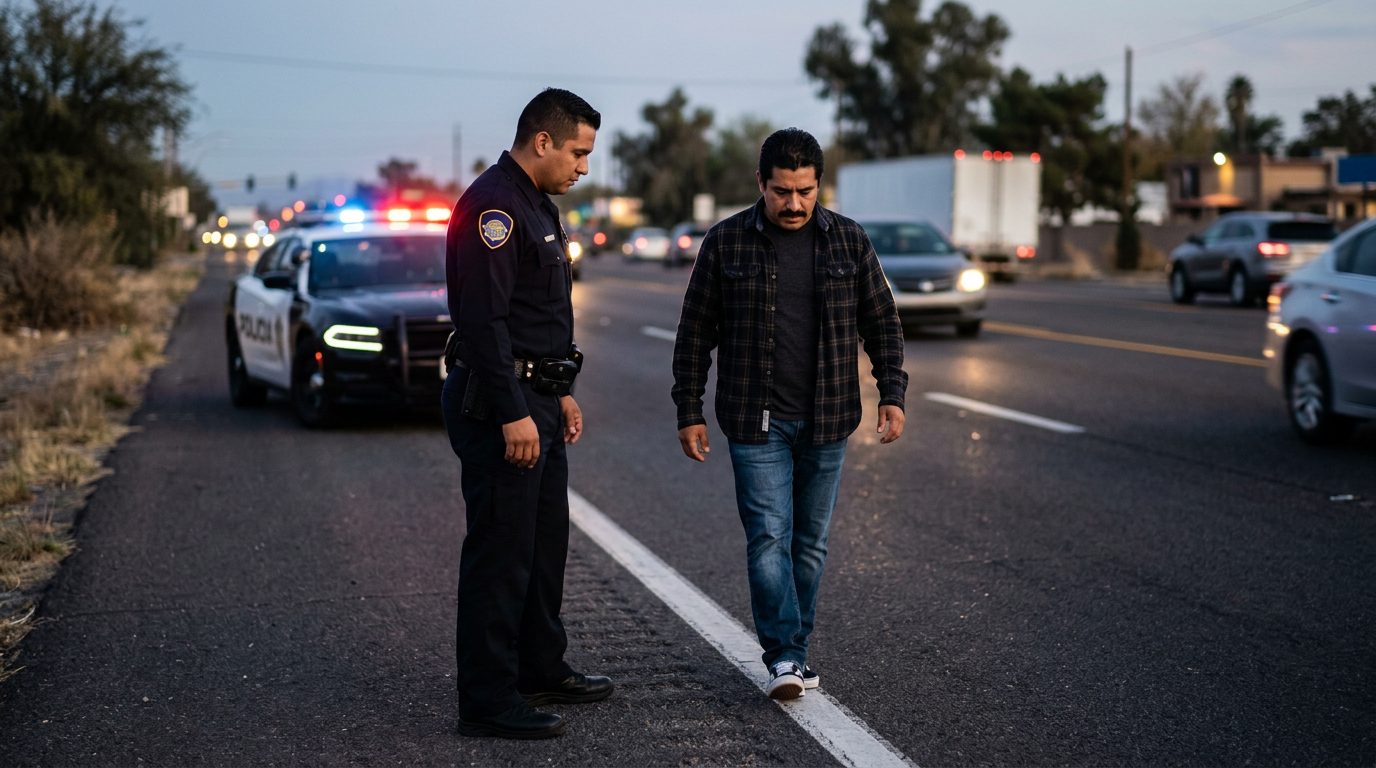 Policía realizando prueba de sobriedad a un conductor en la carretera por la noche.