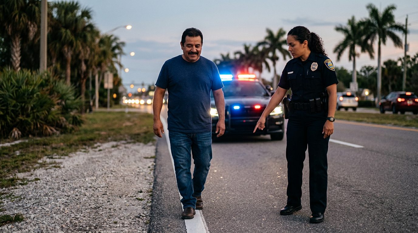 Policía realizando prueba de sobriedad en carretera durante la noche con luces de patrulla de fondo.