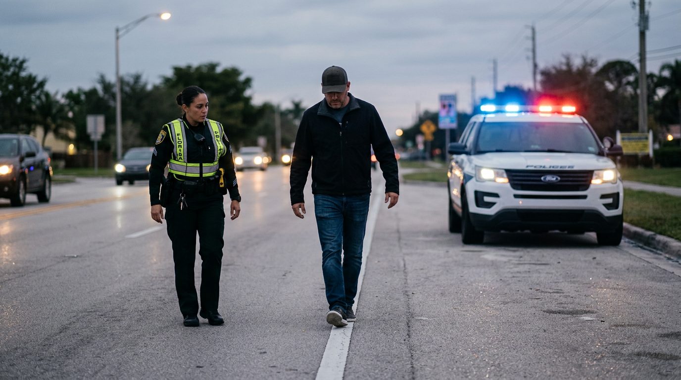 Police officer administering field sobriety test at roadside with patrol car lights in background.