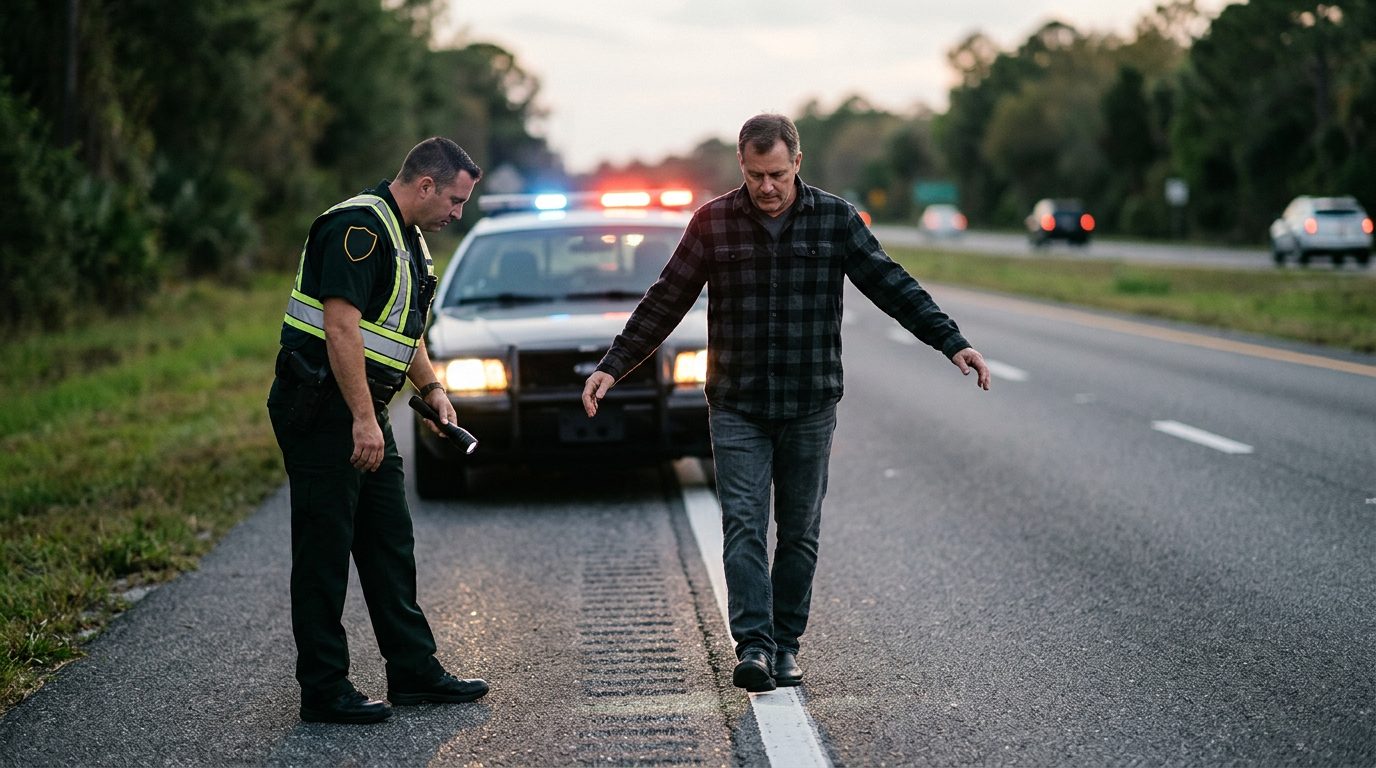 Police officer administering field sobriety test during evening traffic stop with patrol car lights.
