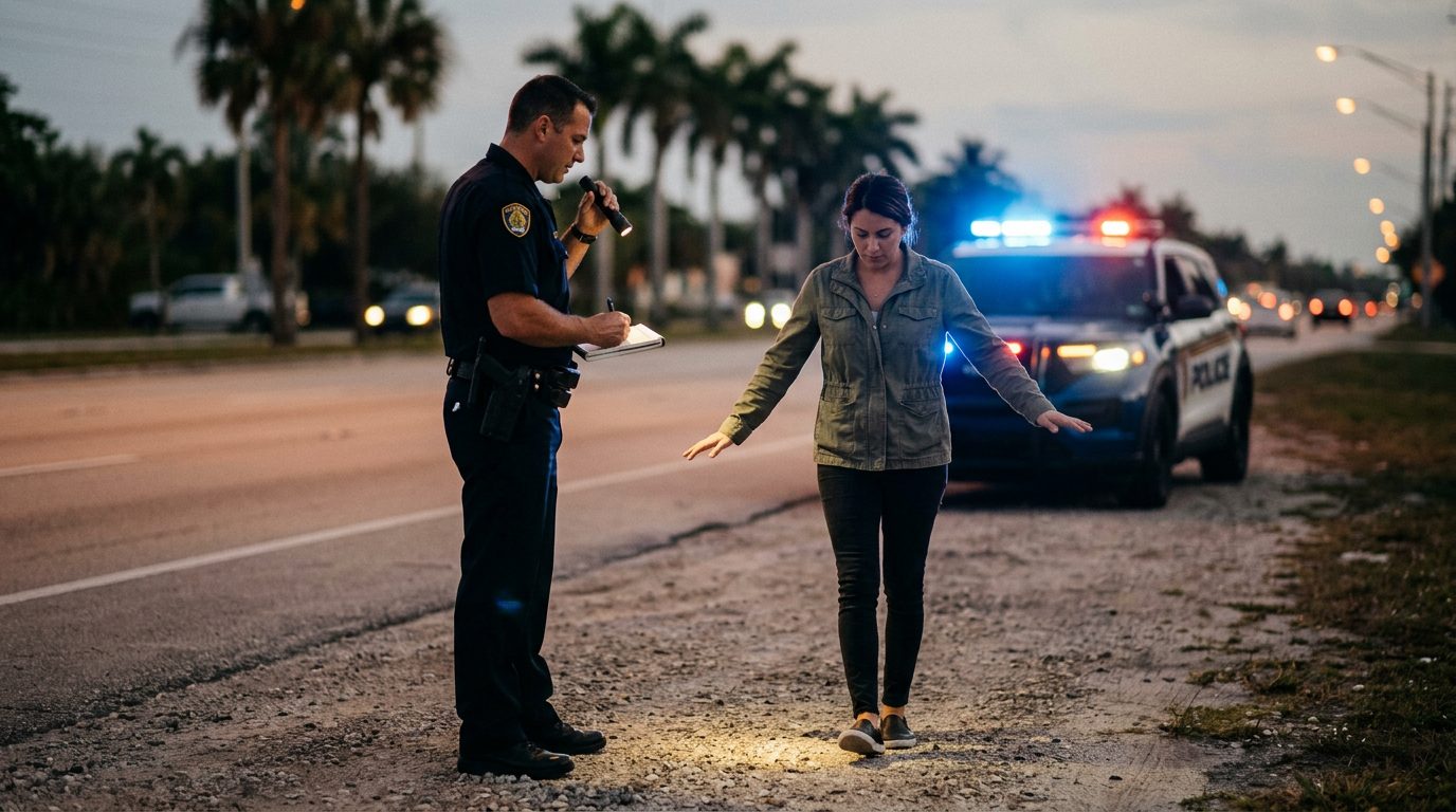 Police officer administering field sobriety test during roadside DUI stop with patrol car lights.