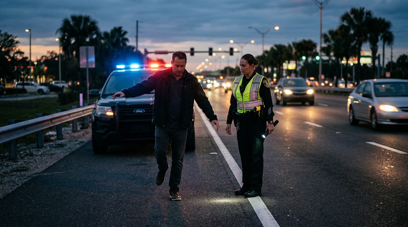 Police officer administering field sobriety test during roadside DUI stop with patrol car lights.
