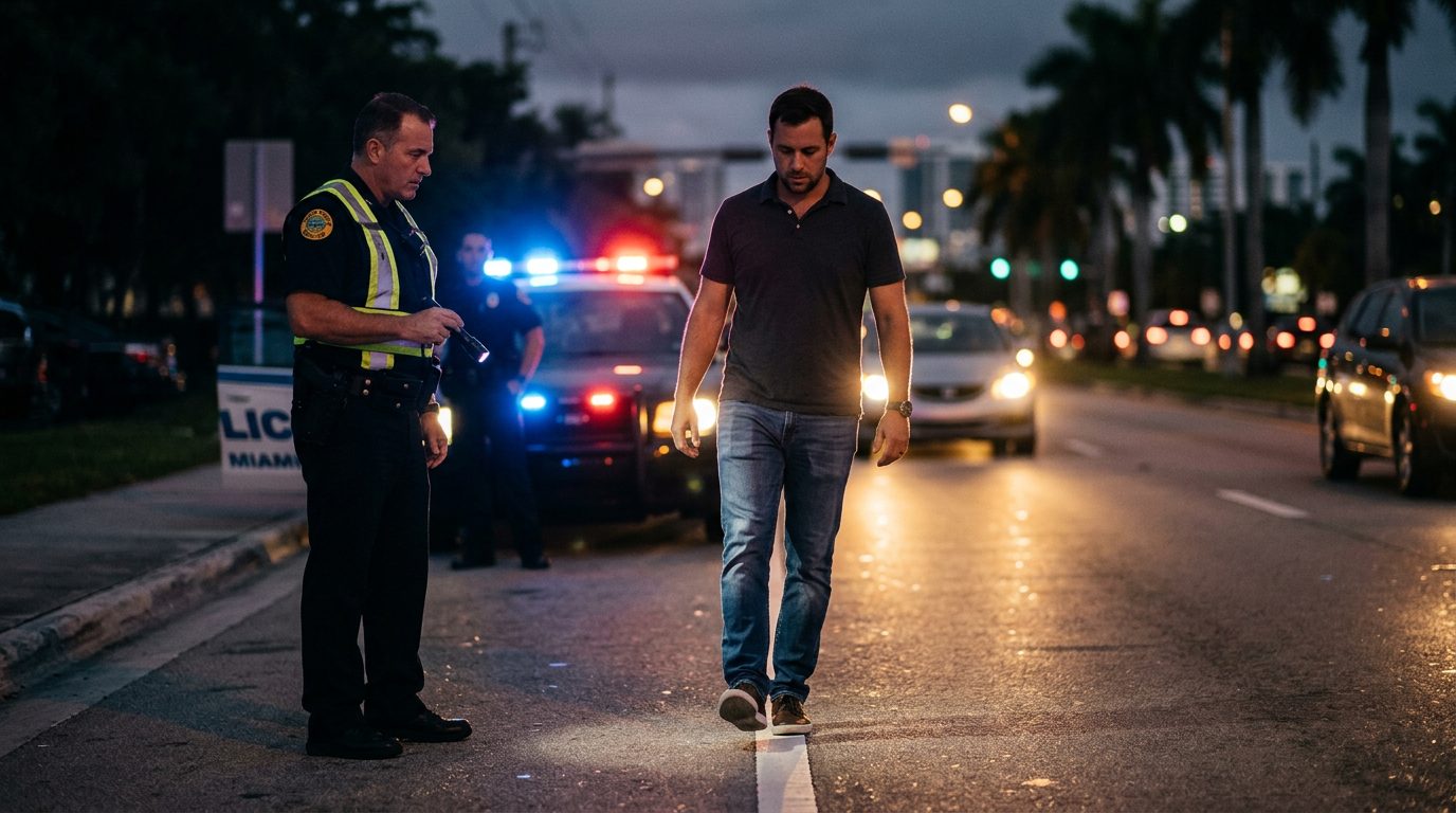 Un agente de policía realiza una prueba de sobriedad en la carretera de noche, con las luces de una patrulla encendidas al fondo.