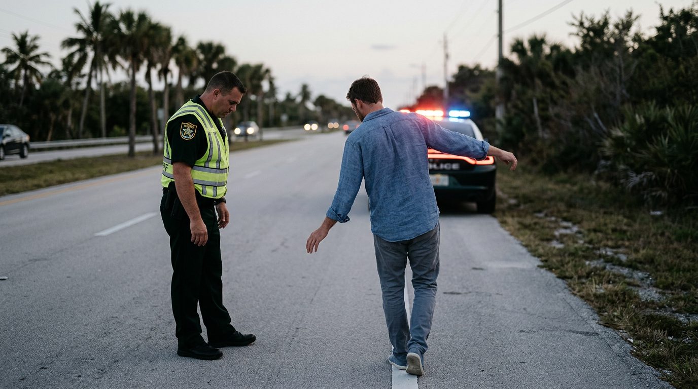 Police officer conducting field sobriety test at roadside with patrol car lights in background.