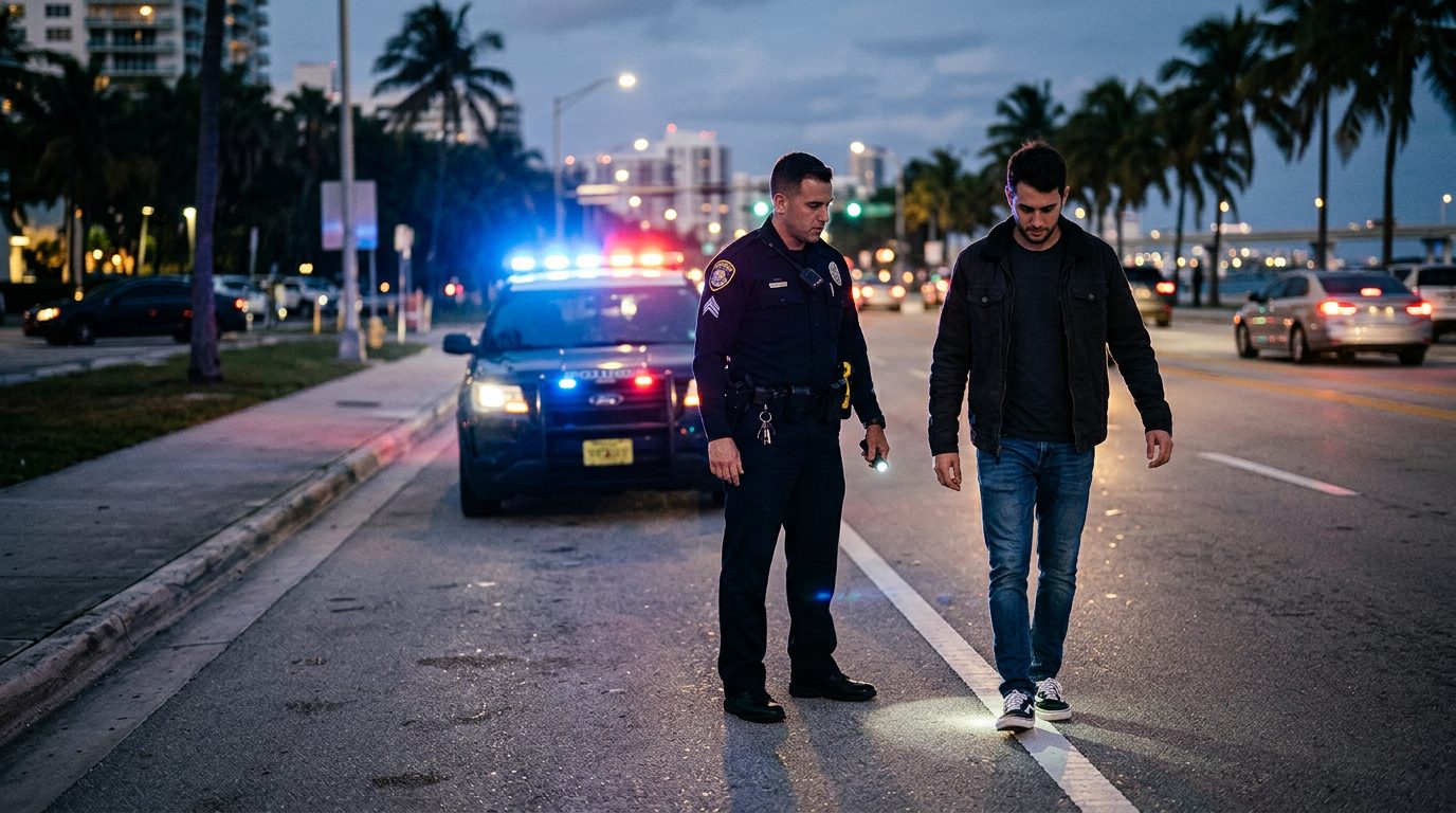 Police officer conducting field sobriety test at roadside with patrol car lights in background.