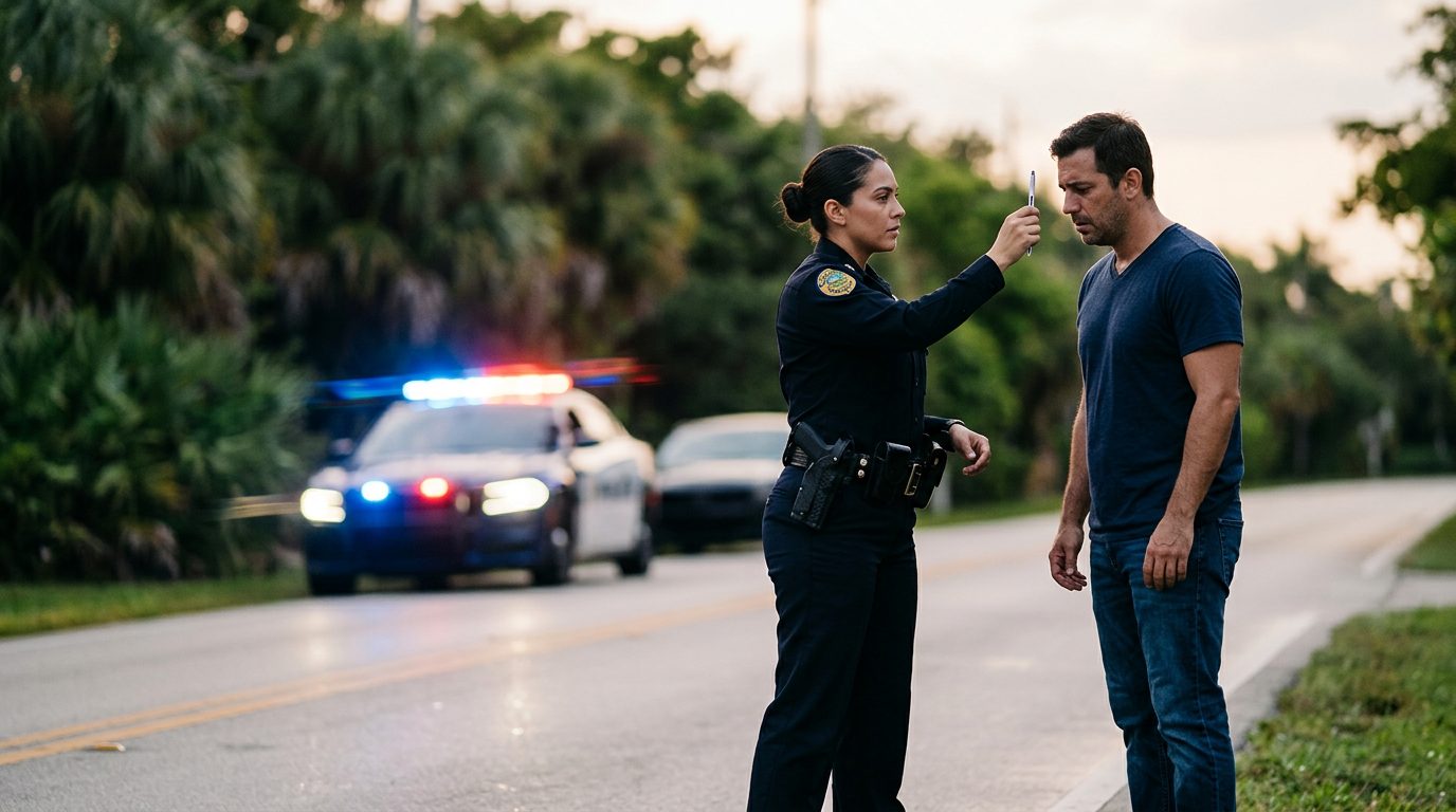 Police officer conducting field sobriety test at roadside with patrol car lights in background.