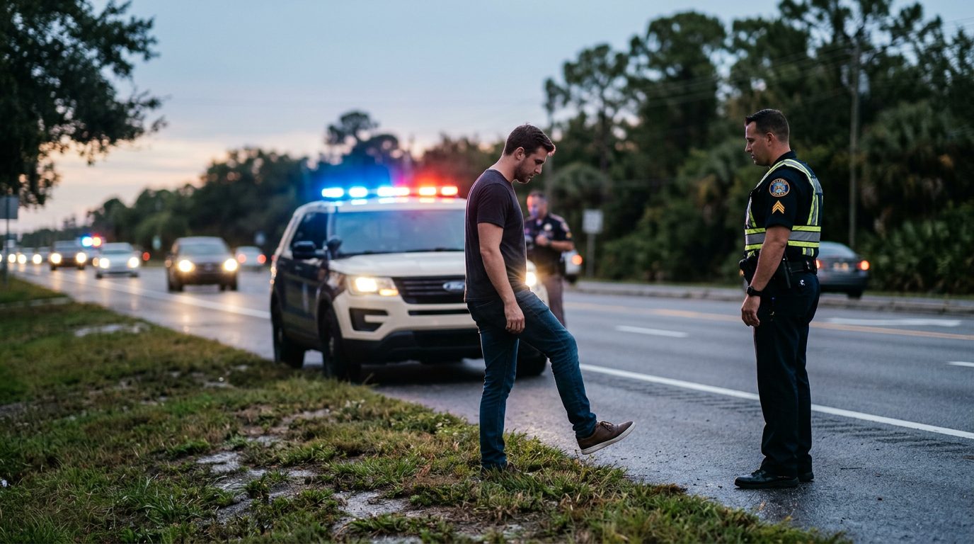 Police officer conducting field sobriety test during evening traffic stop with patrol car lights in background.