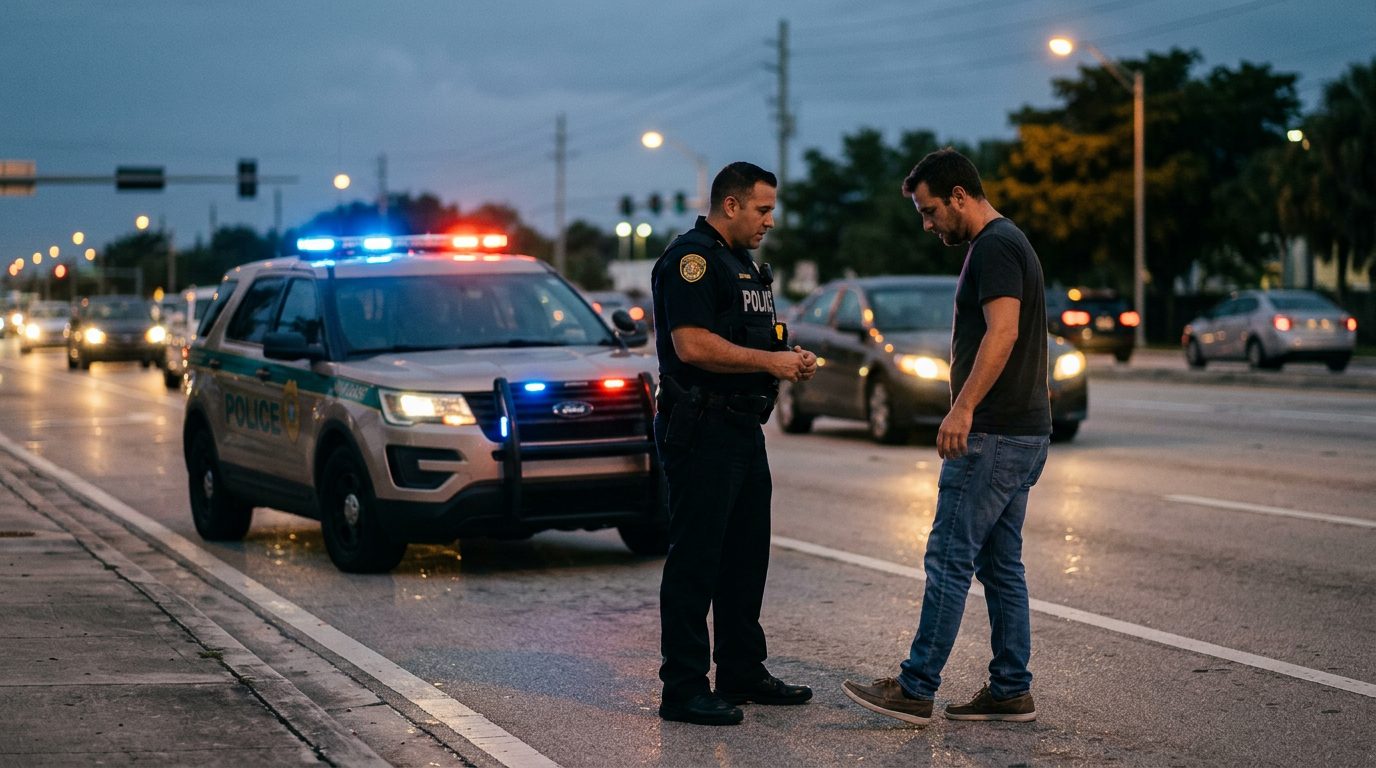 Police officer conducting field sobriety test during evening traffic stop with patrol car lights.