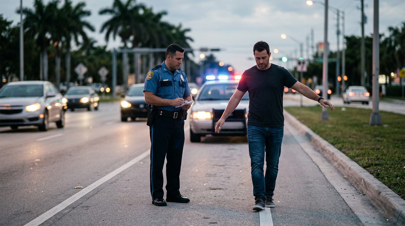 Police officer conducting field sobriety test during roadside DUI stop at night.