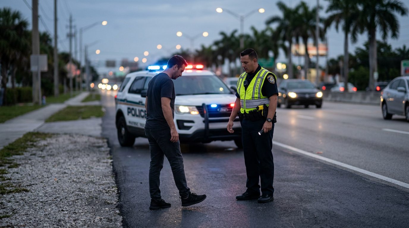 Police officer conducting roadside sobriety test with patrol car in background.