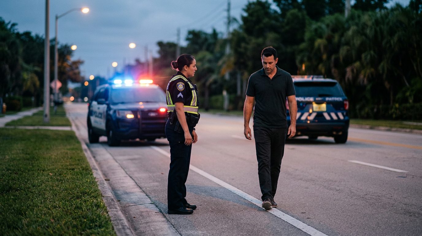 Police officer conducting roadside sobriety test with patrol car lights in background.