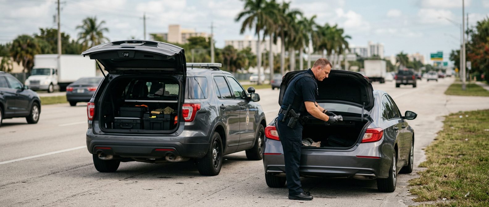 Police officer conducting roadside vehicle search with patrol car and open trunk.
