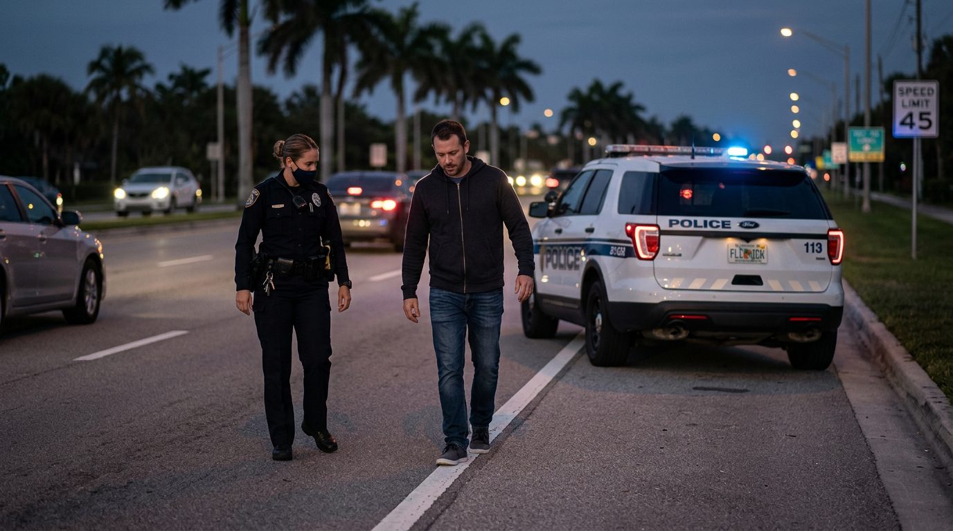Un agente de policía realiza una prueba de sobriedad en el arcén a un conductor de noche, con las luces de la patrulla destellando detrás.
