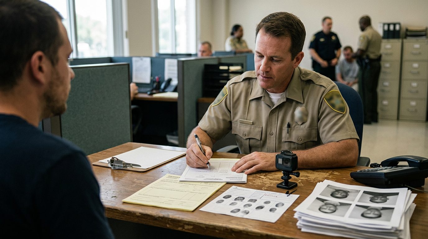 Police officer documenting arrest records and fingerprints at booking desk during DUI intake process.