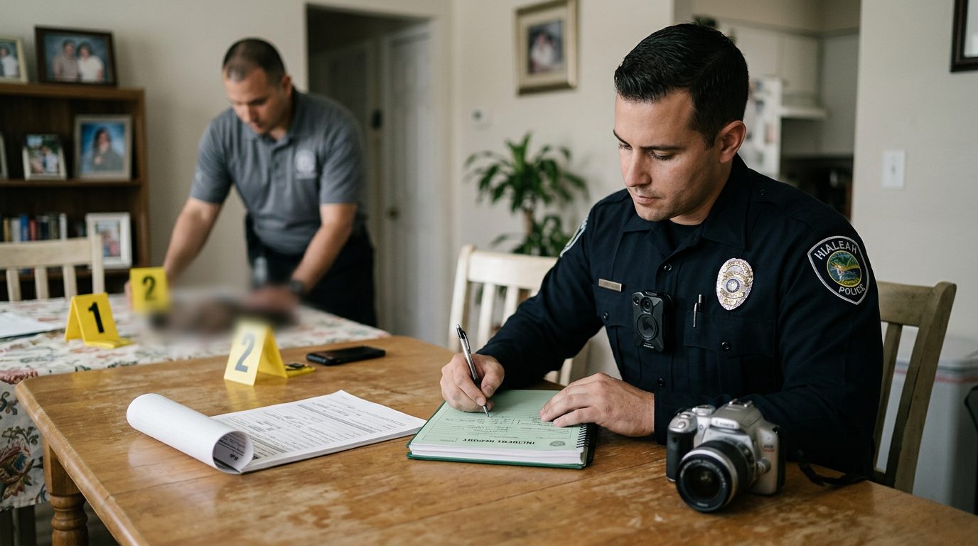 Police officer documenting evidence at residential crime scene with incident forms and markers.