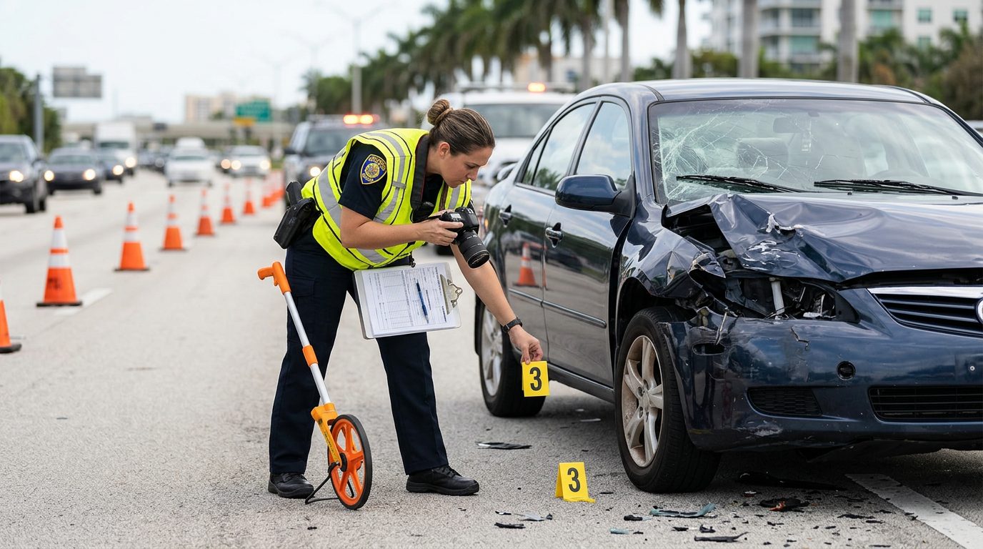 Police officer documenting vehicle damage and evidence at highway collision scene.