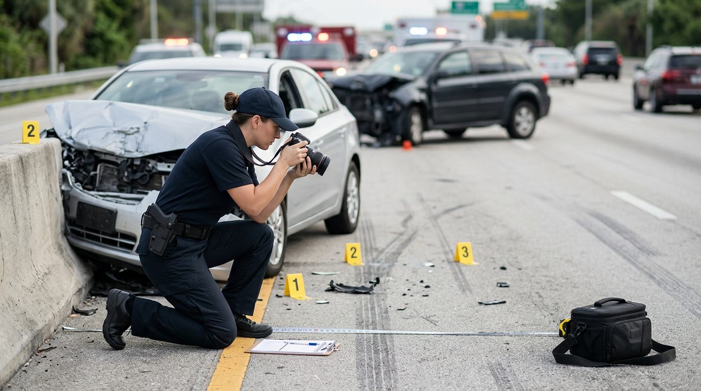 Police officer documenting vehicle damage and evidence at motor vehicle collision scene.