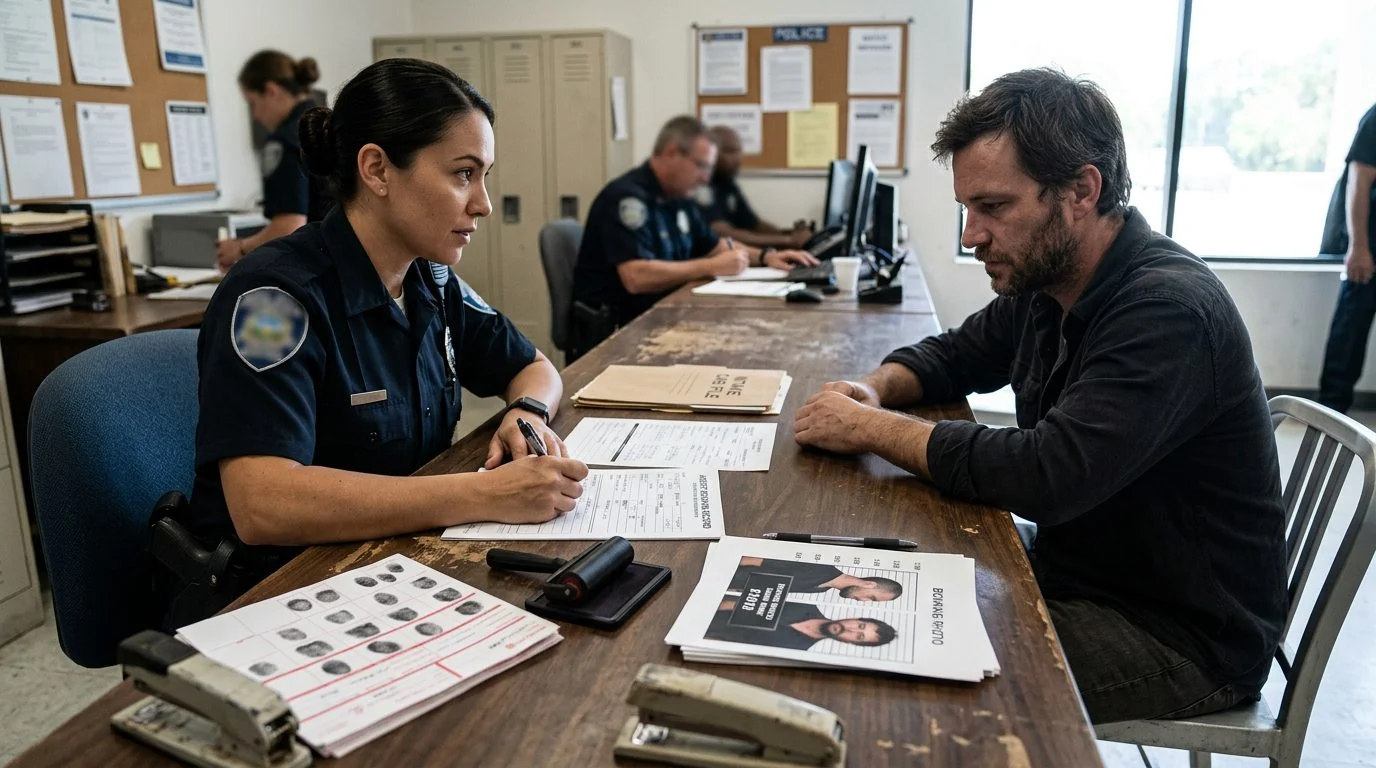 Police officer documents a DUI arrest at a station booking desk, with fingerprint cards and paperwork visible.